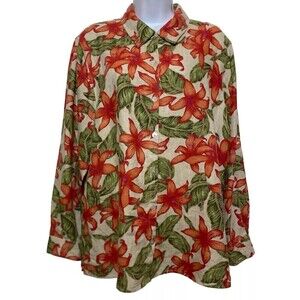 Studio Works Shirt Women Size XL 100% Linen Floral Roll Tab Sleeve Button Up